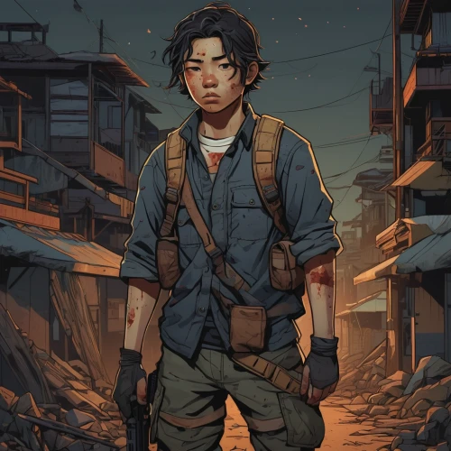 lost in war,cargo pants,post apocalyptic,cargo,clementine,war correspondent,wanderer,hashima,gunkanjima,the wanderer,nomad,post-apocalypse,wasteland,rubble,scavenger,vietnam,biologist,combat medic,soldier,game illustration,Illustration,Japanese style,Japanese Style 15