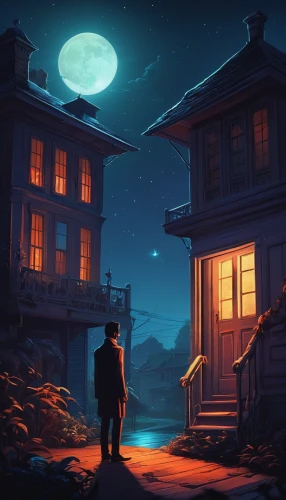 lonely house,night scene,house silhouette,game illustration,sci fiction illustration,moonlit night,halloween illustration,music background,halloween background,musical background,evening atmosphere,home or lost,background image,houses silhouette,world digital painting,moonlight,game art,at night,backgrounds,dusk background,Conceptual Art,Fantasy,Fantasy 21