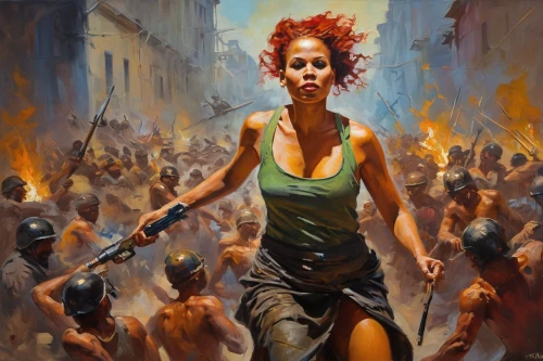 torch-bearer,woman fire fighter,warrior woman,female warrior,woman walking,fire dancer,marching,redheads,firedancer,riot,girl in a historic way,the conflagration,woman holding gun,fire-eater,fire eater,burning torch,hard woman,fire dance,female runner,revolt,Conceptual Art,Oil color,Oil Color 22