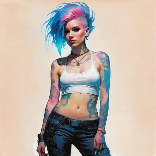 punk,punk design,tattoo girl,blue hair,cd cover,pixie-bob,cmyk,watercolor pencils,bluejay,streampunk,colour pencils,color pencils,bluejeans,blue jeans,sky rose,tattoos,art book,body art,grunge,with tattoo,Illustration,Paper based,Paper Based 12