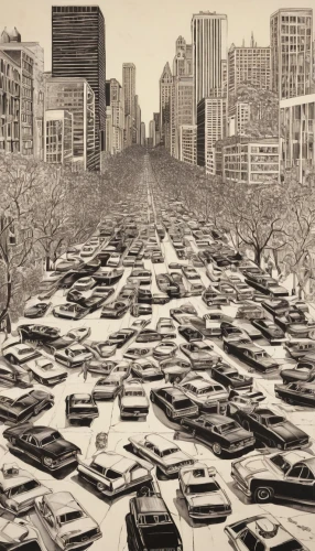car cemetery,traffic jams,traffic jam,model years 1958 to 1967,traffic queue,city highway,cahill expressway,transport and traffic,traffic congestion,the boulevard arjaan,heavy traffic,1971,1967,old avenue,road traffic,chicago,park lane,congestion,taxicabs,1960's,Illustration,Retro,Retro 21