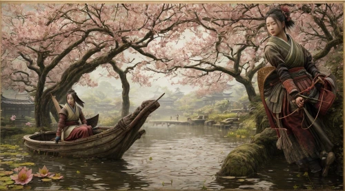 the cherry blossoms,cherry trees,oriental painting,plum blossoms,japanese cherry trees,sakura trees,fantasy picture,japanese sakura background,cherry tree,yi sun sin,sakura tree,cherry blossom japanese,sakura cherry tree,sakura blossom,cherry blossom tree,blossoming apple tree,plum blossom,autumn cherry blossoms,dongfang meiren,harp with flowers,Game Scene Design,Game Scene Design,Japanese Martial Arts
