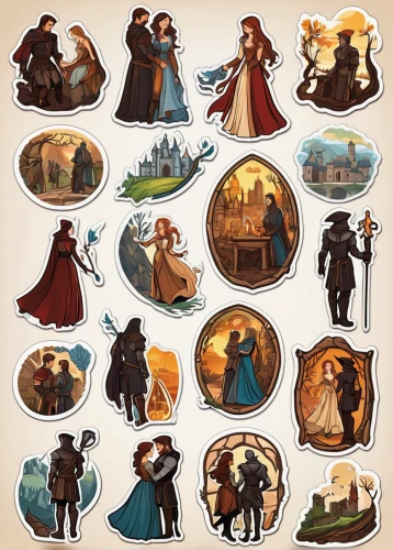 fairy tale icons,fairytale characters,crown icons,icon set,set of icons,vintage couple silhouette,rodentia icons,website icons,collected game assets,social icons,party icons,gentleman icons,chess icons,the victorian era,hobbit,circle icons,vintage man and woman,biblical narrative characters,illustrations,iconset,Unique,Design,Sticker