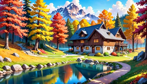 alpine village,house in mountains,fall landscape,autumn landscape,autumn mountains,autumn background,mountain village,home landscape,house in the mountains,landscape background,autumn scenery,mountain scene,house in the forest,cartoon video game background,autumn idyll,aurora village,mountain settlement,autumn theme,houses clipart,mountain landscape,Anime,Anime,General