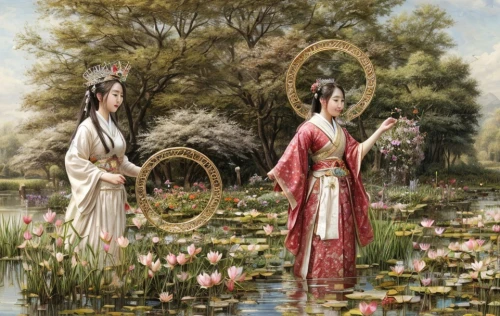 dongfang meiren,oriental painting,floral greeting,chinese art,lotus pond,lotus on pond,mirror in the meadow,lily pond,yi sun sin,spring festival,water lotus,lotus flowers,hyang garden,harp with flowers,taiwanese opera,ao dai,ikebana,accolade,amano,flower painting,Game Scene Design,Game Scene Design,Japanese Magic