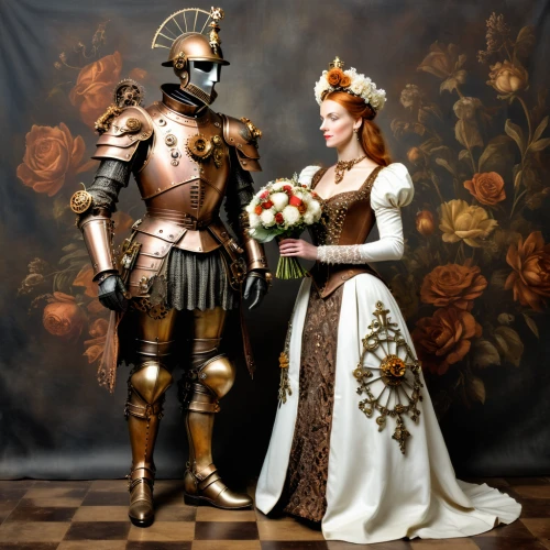 wedding photo,wedding couple,silver wedding,bride and groom,knight armor,vintage man and woman,golden weddings,way of the roses,wedding icons,knight festival,man and wife,bridal clothing,beautiful couple,bridegroom,matrimony,romantic portrait,newlyweds,just married,florists,wedding photography,Illustration,Realistic Fantasy,Realistic Fantasy 13