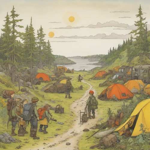 campsite,tent camp,tourist camp,campground,camping,camping tents,tents,campers,forest workers,nomadic people,nomads,tent camping,caravan,camping equipment,backpacking,nomadic children,camp,game illustration,unhoused,caravanning,Illustration,Realistic Fantasy,Realistic Fantasy 31