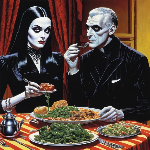 vampira,dinner for two,dinner party,romantic dinner,dining,gothic portrait,family dinner,mobster couple,appetite,enjoy the meal,fine dining,day of the dead,foodies,goths,goth weekend,diner,halloween and horror,thanksgiving dinner,nightshade family,dance of death,Conceptual Art,Sci-Fi,Sci-Fi 14