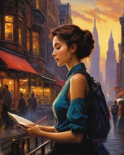 woman at cafe,the girl at the station,girl studying,girl with bread-and-butter,girl in a historic way,city ​​portrait,romantic portrait,woman playing,girl on the river,woman thinking,mystical portrait of a girl,women's novels,gondolier,young woman,evening atmosphere,woman with ice-cream,mystery book cover,fantasy art,italian painter,girl walking away,Illustration,Realistic Fantasy,Realistic Fantasy 32