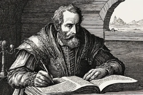 leonardo devinci,albrecht dürer,euclid,engraving,the abbot of olib,archimedes,andrea del verrocchio,scholar,reading magnifying glass,rosmarinus,pythagoras,nicholas day,vanellus miles,saint coloman,manuscript,saint nicolas,gascon saintongeois,king lear,prins christianssund,parchment,Illustration,Black and White,Black and White 27