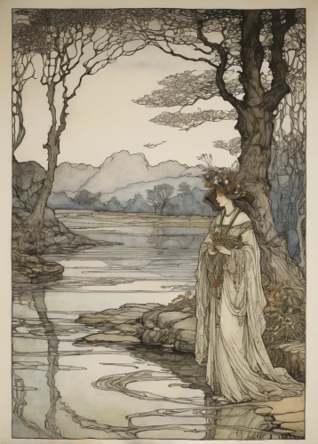 arthur rackham,kate greenaway,alfons mucha,mucha,rusalka,idyll,woman at the well,the blonde in the river,girl on the river,edward lear,the night of kupala,the magdalene,lilian gish - female,charlotte cushman,water-the sword lily,narcissus of the poets,vintage illustration,lillian gish - female,ethel barrymore - female,fae,Illustration,Retro,Retro 25