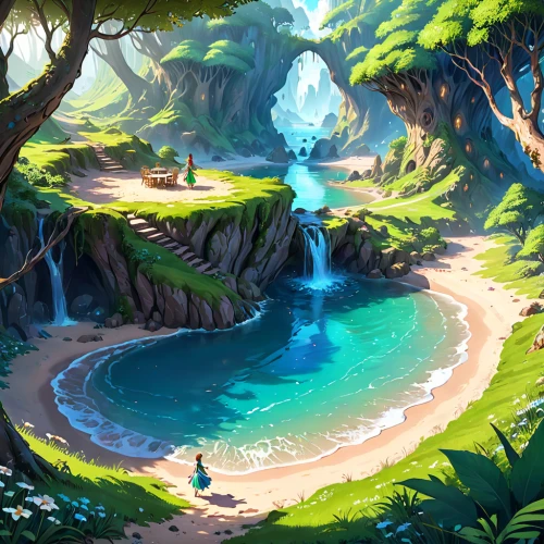 underwater oasis,fantasy landscape,mountain spring,crescent spring,druid grove,fairy world,water spring,monkey island,lagoon,fairy village,tropical island,fairy forest,diamond lagoon,playmat,landscape background,wishing well,waterfall,garden of eden,an island far away landscape,oasis,Anime,Anime,General