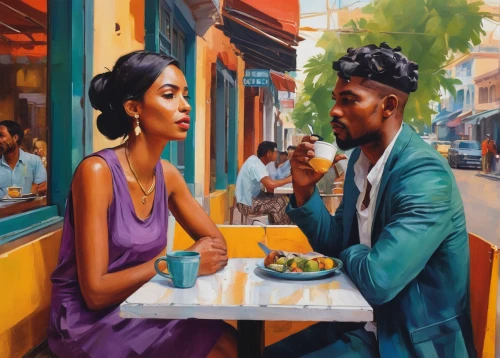 oil painting on canvas,black couple,woman at cafe,oil on canvas,oil painting,women at cafe,street cafe,art painting,the coffee shop,watercolor cafe,young couple,coffee shop,conversation,blues and jazz singer,courtship,new orleans,paris cafe,romantic portrait,artists,coffeehouse,Conceptual Art,Fantasy,Fantasy 15