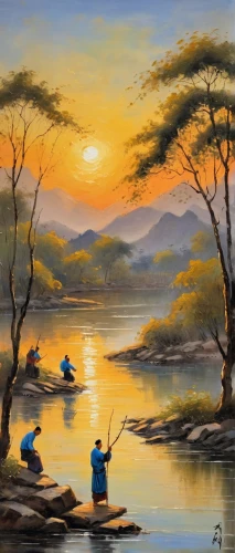 fishermen,river landscape,people fishing,fisherman,oil painting on canvas,oil painting,fishing float,khokhloma painting,fishing camping,art painting,boat landscape,indigenous painting,coastal landscape,eastern mangroves,evening lake,viet nam,river cooter,landscape background,painting technique,fishing classes,Conceptual Art,Oil color,Oil Color 22