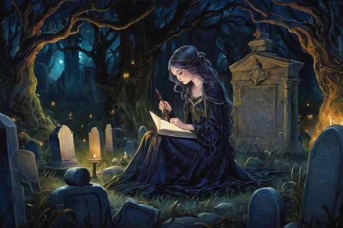burial ground,of mourning,resting place,old graveyard,mourning,graveyard,gothic portrait,gravestones,grave light,gothic woman,sepulchre,cemetary,lover's grief,grave stones,cemetery,half-mourning,necropolis,halloween illustration,the fallen,tombstones,Illustration,Abstract Fantasy,Abstract Fantasy 11