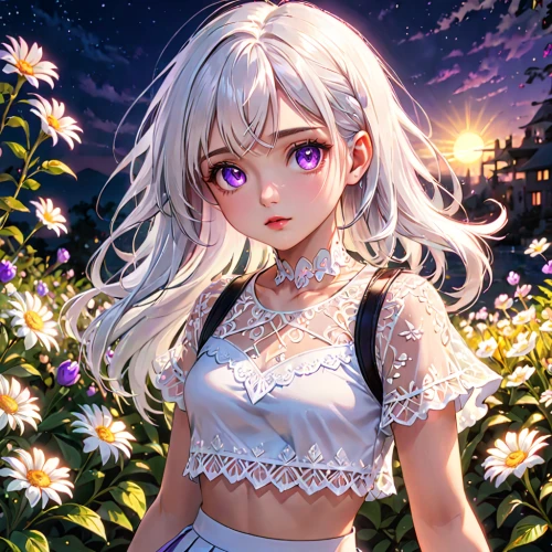 white blossom,flower background,floral background,a200,girl in flowers,springtime background,falling flowers,white daisies,luminous,summer bloom,blooming field,white flower,flora,summer flower,field of flowers,white lily,white petals,dusk background,summer background,holding flowers,Anime,Anime,General