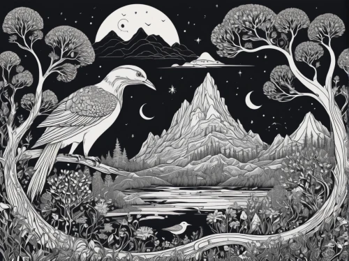 swampy landscape,hand-drawn illustration,ghost forest,mushroom landscape,birch tree illustration,lunar landscape,the forests,woodcut,swan lake,iapetus,book illustration,deer illustration,swans,salt meadow landscape,bird illustration,tree grove,the trees,forest of dreams,cd cover,forest landscape,Illustration,Black and White,Black and White 19