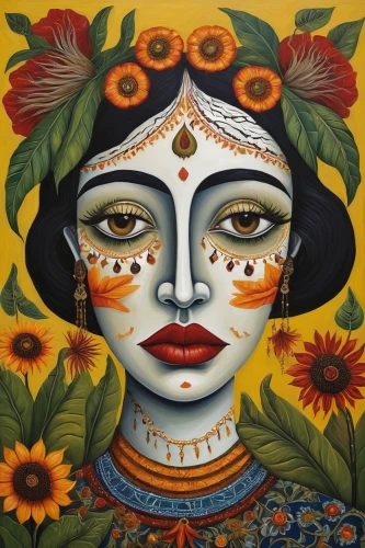 indian art,radha,african art,krishna,indian woman,hare krishna,david bates,catrina calavera,la catrina,rangoli,indian girl,khokhloma painting,indigenous painting,jaya,la calavera catrina,tiger lily,oil painting on canvas,floral rangoli,boho art,balinese,Illustration,Abstract Fantasy,Abstract Fantasy 12