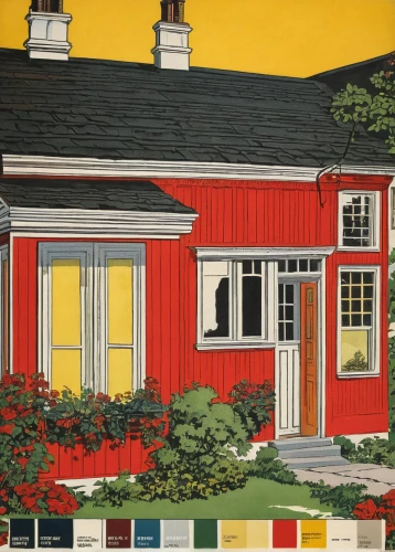 house painting,house with caryatids,house drawing,mid century house,red roof,cottage,summer cottage,danish house,bungalow,cool woodblock images,woman house,houses clipart,country cottage,ruhl house,mid century,garden elevation,new england style house,farmhouse,cottages,facade painting,Illustration,Retro,Retro 11