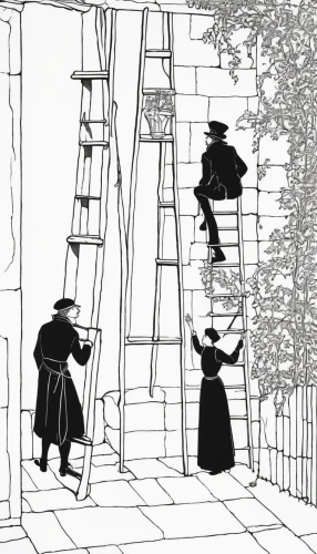 mary poppins,career ladder,witches' hats,ladder,jacob's ladder,witches,rope-ladder,chimney sweep,sewing silhouettes,work in the garden,hans christian andersen,graduate silhouettes,women silhouettes,ladder golf,nuns,kate greenaway,rescue ladder,pilgrims,scaffolding,rope ladder,Illustration,Black and White,Black and White 24