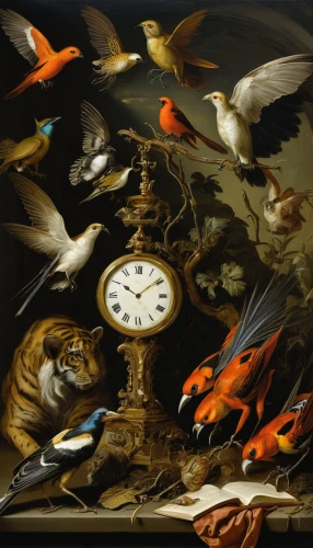 ornithology,clockmaker,key birds,watchmaker,clocks,wild birds,hunting scene,clock face,migratory birds,bird migration,flock of birds,klaus rinke's time field,society finches,birds in flight,nocturnal bird,feathered race,songbirds,primeval times,cuckoo clock,cuckoo clocks,Art,Classical Oil Painting,Classical Oil Painting 37