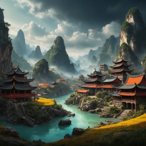 fantasy landscape,chinese temple,chinese architecture,world digital painting,tigers nest,asian architecture,yunnan,chinese art,chinese clouds,forbidden palace,ancient city,japan landscape,mountainous landscape,oriental,chinese background,mountain settlement,oriental painting,guilin,landscape background,south korea,Photography,General,Fantasy