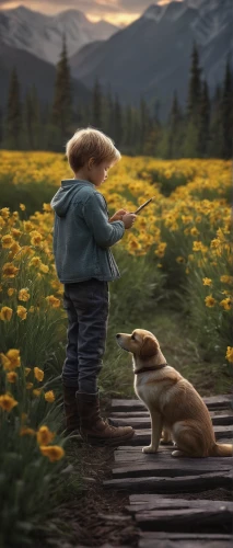 boy and dog,picking flowers,companion dog,sunflower field,little boy and girl,dandelion field,flowers field,daffodil field,flower field,children's background,shepherd dog,flower delivery,meadow play,field of flowers,dandelion meadow,companionship,shepherd,scattered flowers,shepherd romance,animal film,Photography,Documentary Photography,Documentary Photography 22