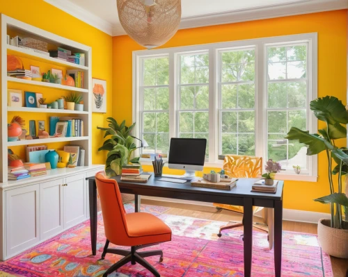 writing desk,home office,secretary desk,yellow orange,reading room,orange,vibrant color,creative office,study room,the living room of a photographer,bookshelves,orange yellow,working space,defense,modern office,interior design,bright orange,teal and orange,work space,danish room,Illustration,Retro,Retro 23