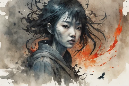 mulan,geisha,japanese art,chinese art,amano,geisha girl,japanese woman,yi sun sin,mystical portrait of a girl,oriental girl,goki,shirakami-sanchi,flame spirit,katana,xun,watercolor,han thom,samurai,fantasy portrait,asian woman,Illustration,Abstract Fantasy,Abstract Fantasy 18