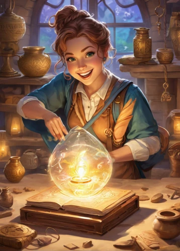 candlemaker,librarian,merchant,merida,fortune teller,apothecary,scholar,tinsmith,fantasy portrait,game illustration,girl studying,magic book,cg artwork,girl with bread-and-butter,spell,tutor,divination,child with a book,debt spell,mystical portrait of a girl,Illustration,Japanese style,Japanese Style 19