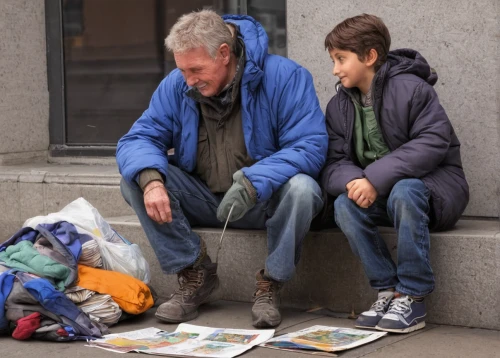 unhoused,dad and son outside,helping people,people reading newspaper,economic refugees,homeless man,thames trader,donations,vendors,social service,charity,homeless,generosity,mentoring,financial advisor,donations keeps me going,foundling,peddler,readers,street artists,Illustration,Black and White,Black and White 06