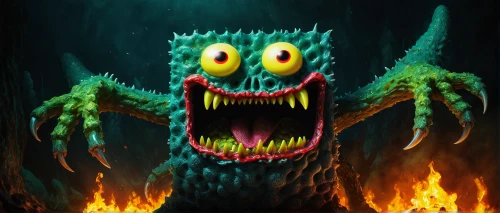 three eyed monster,child monster,supernatural creature,bogeyman,scorch,cuthulu,one eye monster,monster,angry man,critter,angry,don't get angry,scare,minion hulk,jumping spider,game illustration,firebrat,nightmare,blue monster,terror,Conceptual Art,Fantasy,Fantasy 14
