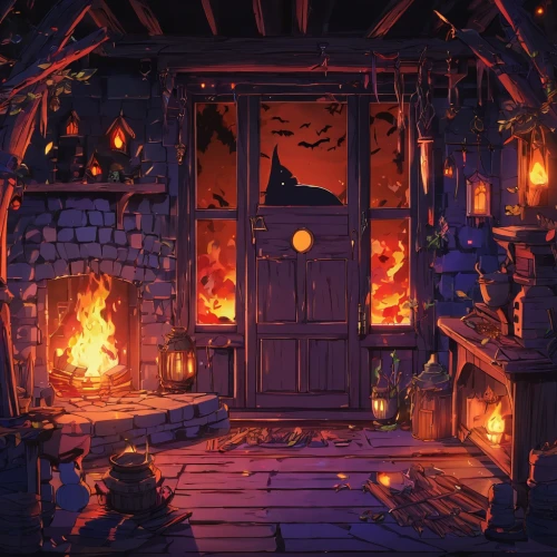 witch's house,halloween background,halloween scene,fireplace,fireplaces,halloween wallpaper,tavern,witch house,fire background,cabin,the threshold of the house,log fire,fire place,hearth,winter house,portal,christmas fireplace,the door,playhouse,ancient house,Illustration,Japanese style,Japanese Style 03