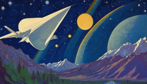 space ships,spaceships,space tourism,space art,galilean moons,moons,lunar prospector,vintage illustration,ufos,space craft,sci fiction illustration,astronomy,space glider,celestial bodies,space travel,astronomer,space voyage,travelers,orbiting,airships,Illustration,Retro,Retro 07
