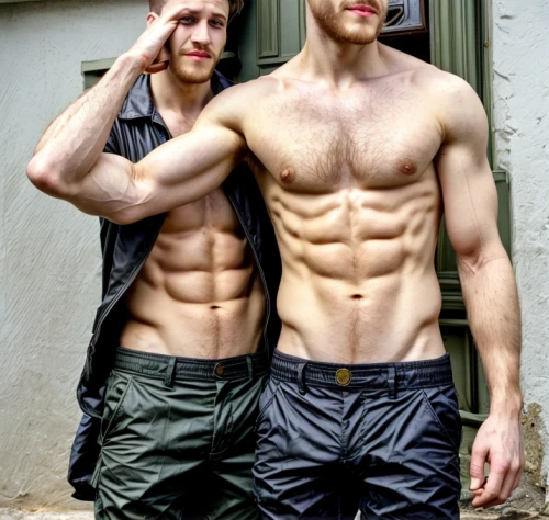 pair of dumbbells,redheads,firemen,shirtless,firefighters,six-pack,builders,fire fighters,tool belts,photo shoot for two,six pack abs,models,dad and son outside,neighbors,mirrored,mannequins,fireman's,ripped,lindos,sailors