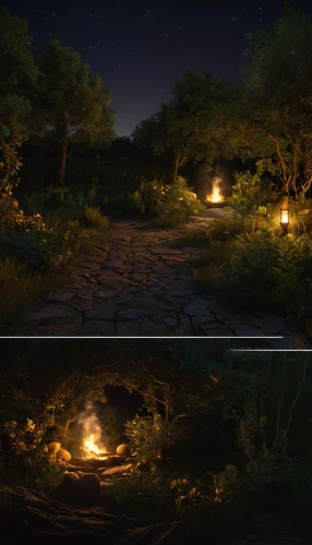 landscape lighting,visual effect lighting,ambient lights,digital compositing,backgrounds,night scene,day and night,backgrounds texture,scene lighting,druid grove,the night of kupala,color is changable in ps,3d rendered,fireflies,campsite,moonlit night,myst,3d render,light effects,concept art,Art,Classical Oil Painting,Classical Oil Painting 37