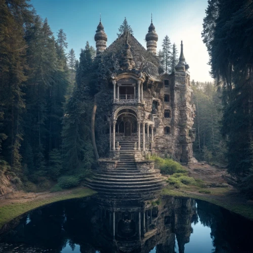 house in the forest,fairytale castle,fairy tale castle,water castle,witch's house,ghost castle,abandoned place,fairy house,water palace,house with lake,ancient house,mirror house,abandoned places,wishing well,witch house,stone palace,abandoned,abandoned house,fairy chimney,sunken church