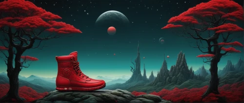 moon boots,red shoes,red planet,sci fiction illustration,moon walk,mushroom landscape,fantasy picture,red matrix,alien planet,nicholas boots,hiking boot,red riding hood,world digital painting,mountain boots,walking boots,landscape red,shoefiti,shoes icon,on a red background,dancing shoe,Illustration,Abstract Fantasy,Abstract Fantasy 19