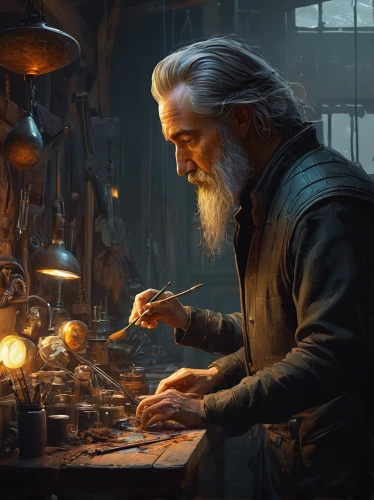 watchmaker,candlemaker,tinsmith,blacksmith,metalsmith,merchant,silversmith,apothecary,geppetto,craftsman,clockmaker,cg artwork,game illustration,dwarf cookin,witcher,the collector,luthier,potter's wheel,meticulous painting,painting easter egg,Illustration,Realistic Fantasy,Realistic Fantasy 28