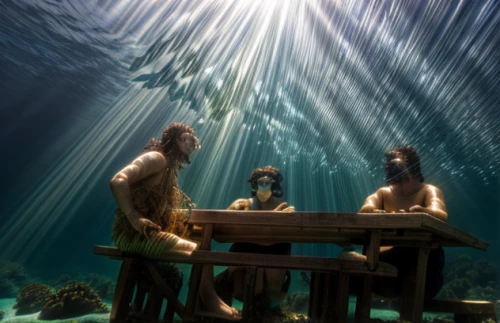 the people in the sea,god of the sea,marine scientists,mermaids,holy supper,under water,ocean underwater,underwater background,underwater world,submerged,last supper,hammered dulcimer,under the water,under sea,fantasy picture,the three magi,underwater playground,poker table,under the sea,sea god,Realistic,Landscapes,Aquatic Dreams