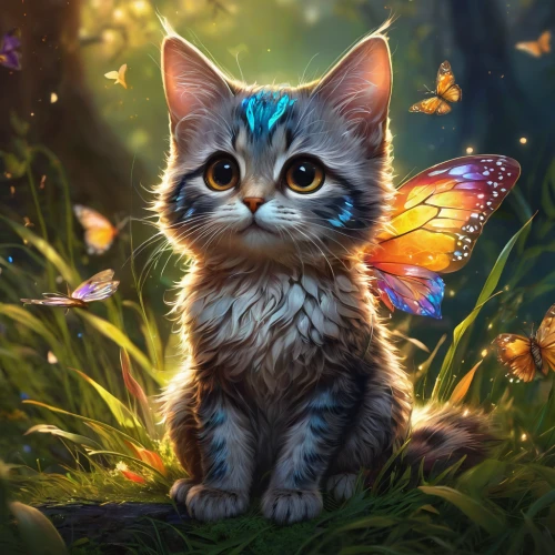 blossom kitten,butterfly background,faerie,flower cat,vanessa (butterfly),blue butterflies,faery,lepidopterist,cute cat,blue butterfly background,fantasy art,fantasy picture,fantasy portrait,felidae,little girl fairy,child fairy,cat with blue eyes,navi,blue eyes cat,aurora butterfly