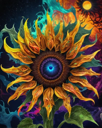 cosmic flower,sun flower,sunflower coloring,cosmic eye,sunflower,sun flowers,sun eye,sunflowers,sunflowers in vase,crown chakra flower,solar plexus chakra,helianthus,psychedelic art,celestial chrysanthemum,sunflower field,perennials-sun flower,sunburst background,flowers sunflower,radiate,sun moon,Illustration,Realistic Fantasy,Realistic Fantasy 47