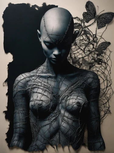 sculpt,withered,humanoid,dark art,biomechanical,cybernetics,chalk drawing,bodypainting,transience,voodoo woman,autopsy,sculptor,decay,petrification,eve,dormant,sci fiction illustration,bodypaint,primitive man,wire sculpture,Illustration,Realistic Fantasy,Realistic Fantasy 29
