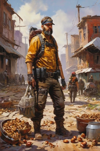 vendor,merchant,the market,nomad,mercenary,vendors,cargo,scrap collector,game illustration,construction worker,large market,market,bandit theft,scrap dealer,vietnam veteran,combat medic,the wanderer,rustico,man holding gun and light,lost in war,Conceptual Art,Oil color,Oil Color 09