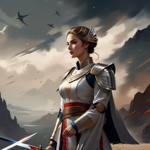 joan of arc,female warrior,cg artwork,warrior woman,swordswoman,lone warrior,heroic fantasy,republic,scythe,paladin,imperial,imperial coat,wind warrior,imperial shores,princess leia,sci fiction illustration,crusader,elaeis,world digital painting,fantasy picture