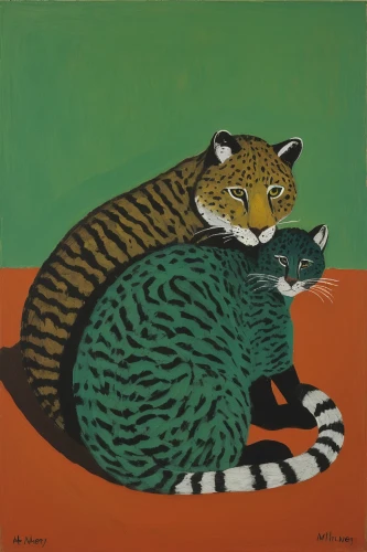 two cats,tigers,ocelot,carol colman,green animals,mother and child,mother and infant,big cats,felines,hosana,toyger,mother with child,olle gill,chestnut tiger,cattles,anthropomorphized animals,fauna,cloves schwindl inge,lemurs,mammals,Art,Artistic Painting,Artistic Painting 09
