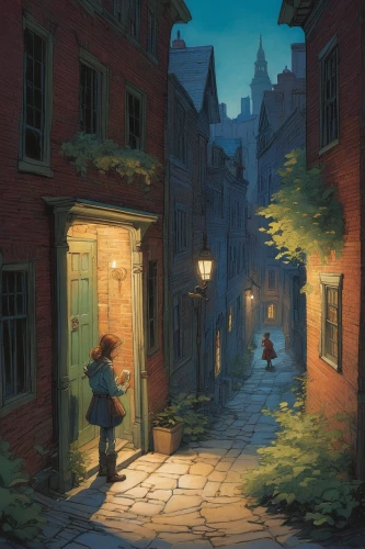 old linden alley,night scene,alleyway,lamplighter,evening atmosphere,narrow street,alley,the cobbled streets,gas lamp,early evening,summer evening,in the evening,blind alley,brownstone,cobblestone,street scene,the evening light,street lamps,cobblestones,street lights,Illustration,Paper based,Paper Based 17