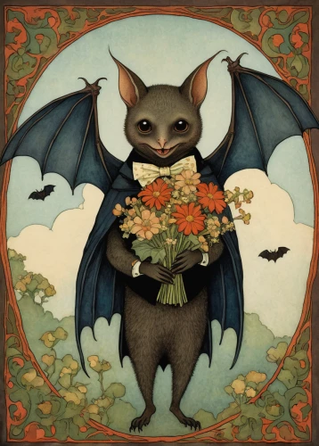 vampire bat,fruit bat,tropical bat,bat,big brown bat,little red flying fox,mouse eared bat,hanging bat,bat smiley,bats,anthropomorphized animals,imp,little brown myotis,flower animal,flower nectar,aye-aye,gargoyle,cupido (butterfly),fairy tale character,eglantine,Illustration,Retro,Retro 17