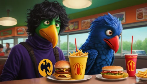 kids' meal,fast food restaurant,mcdonalds,ernie and bert,fast-food,fastfood,mcdonald,3d crow,mcdonald's,red robin,fast food,sesame street,anthropomorphized animals,diner,fast food junky,date,fine dining,cartoon video game background,dining,food icons,Conceptual Art,Daily,Daily 22