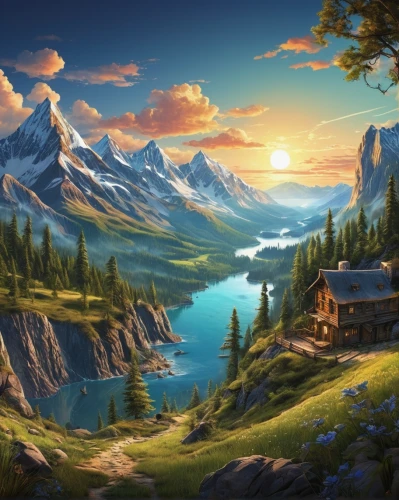 landscape background,mountain scene,mountain landscape,fantasy landscape,mountainous landscape,mountain settlement,home landscape,house in mountains,beautiful landscape,salt meadow landscape,the cabin in the mountains,alpine village,mountain valley,fantasy picture,cartoon video game background,house in the mountains,the landscape of the mountains,mountain village,mountain range,high landscape,Illustration,Paper based,Paper Based 28